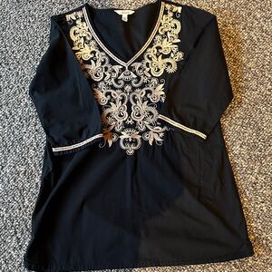Soma Black Tunic with Gold Embroidery, size XS 100% cotton